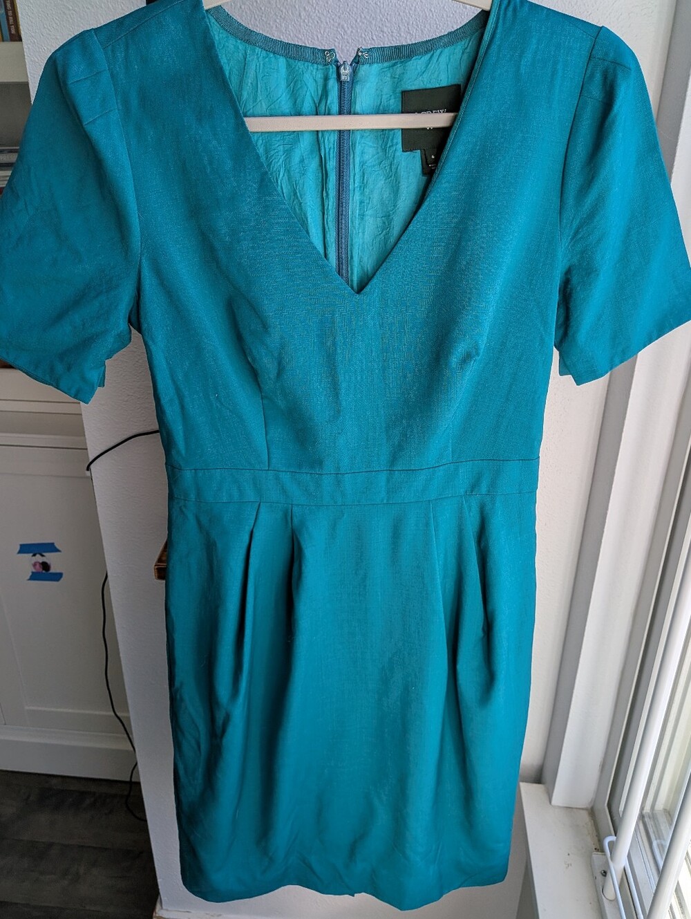 J.Crew Factory Teal Blue V-Neck Short Sleeve Sheath Dress Size 4 Pleated Waist